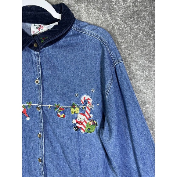 Vintage Nut Cracker Blue Denim Button Up Shirt Womens‎ XL Christmas Embroidery - Picture 5 of 14